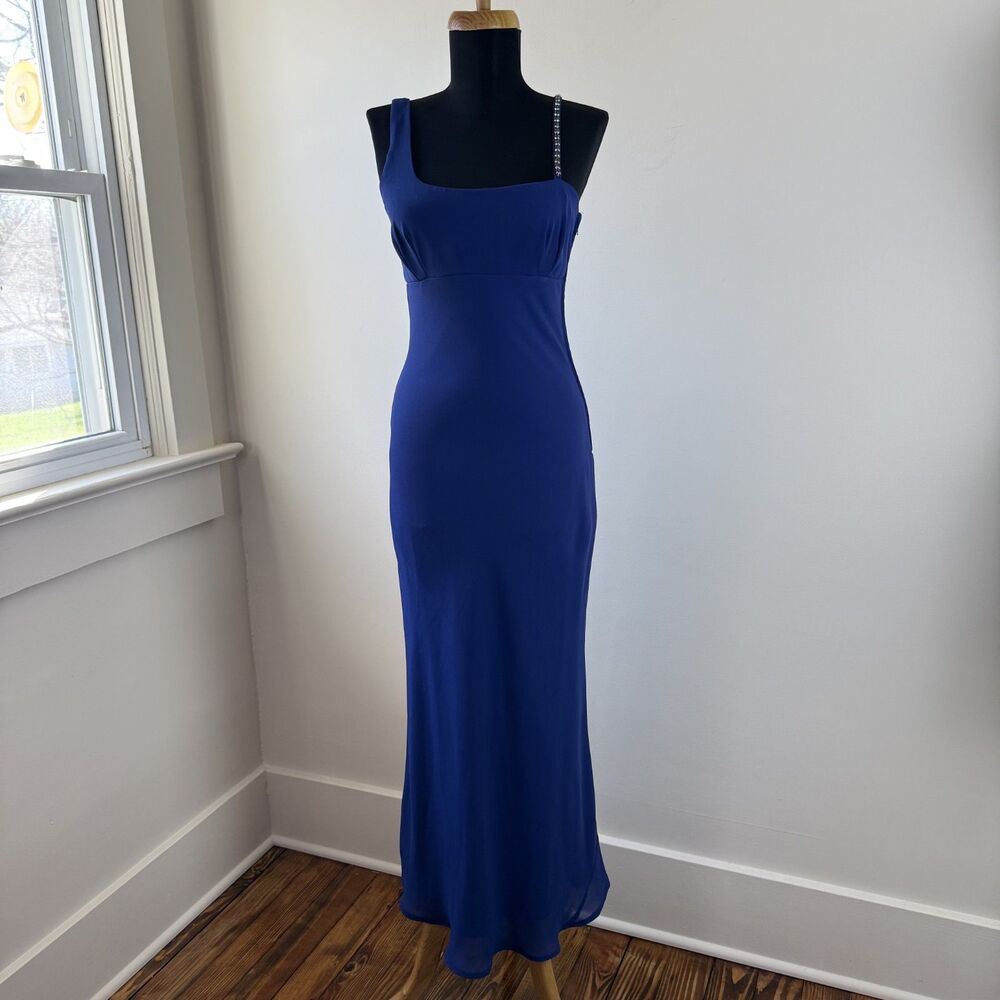 Vintage Zum Zum Blue Maxi Dress Rhinestone Strap Y2K Prom Bodycon Formal Gown